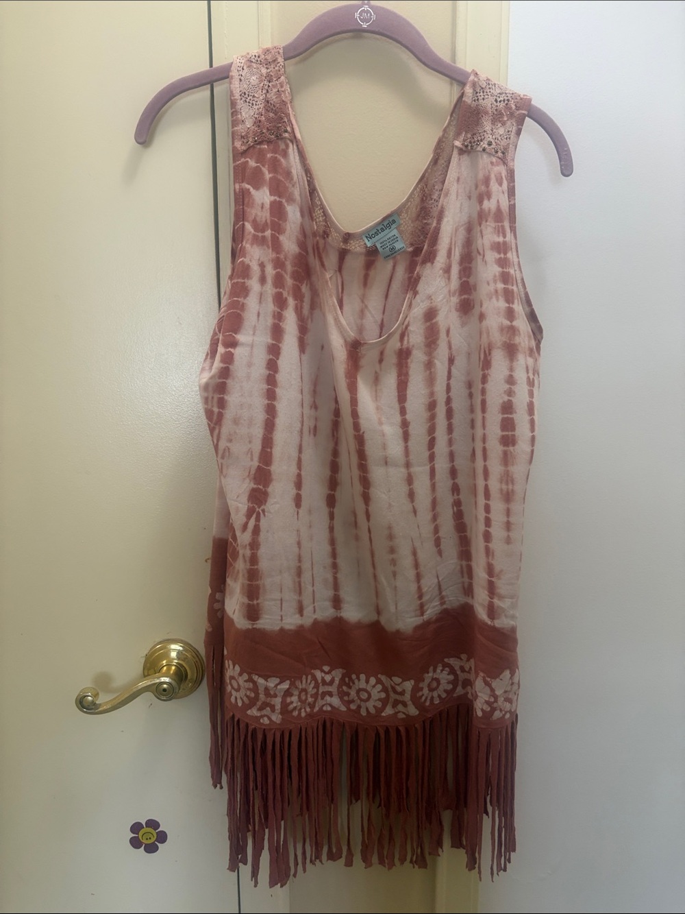Nostalgia Mauve Tie-Dye Fringe Tank with Lace Shoulders